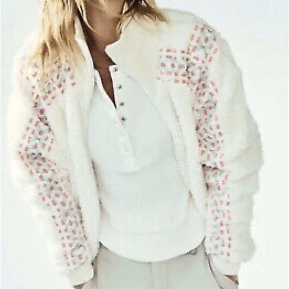 Free People Snowy Peaks Embroidered Fleece Jacket - Sz L